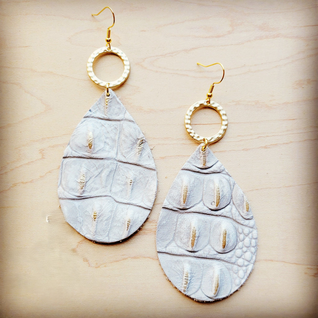 **Leather Teardrop Earrings White Gold Gator w/ Matte Gold Hoop 210w