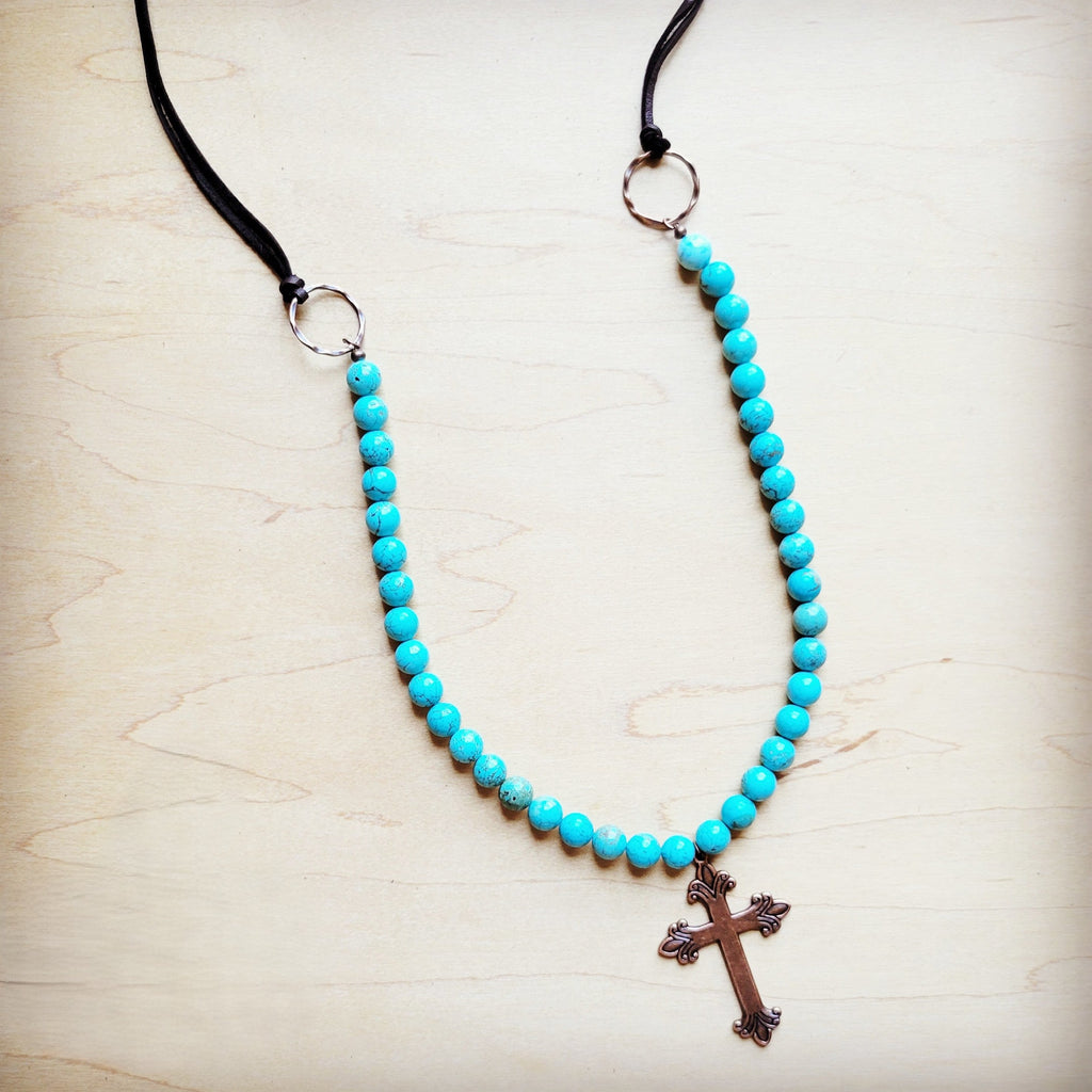 **Frosted Magnesite Beaded Necklace w/ Copper Cross 258i
