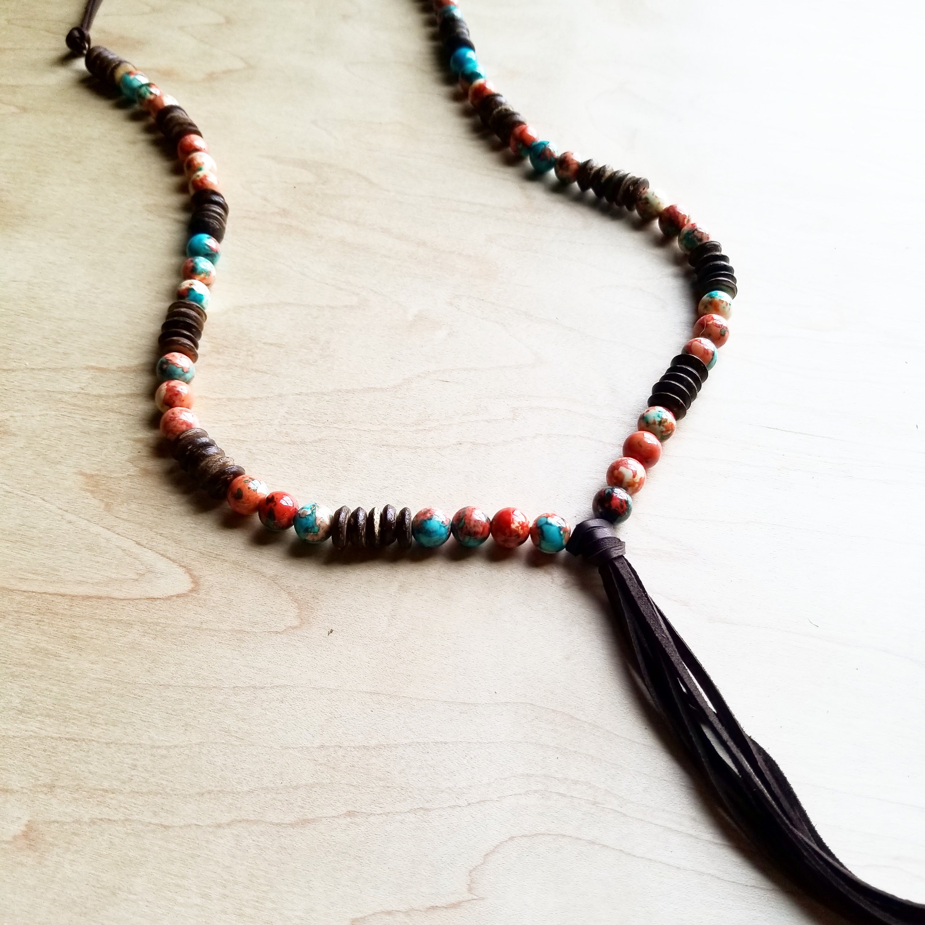 **Multi-Colored Turquoise Necklace with Wood Beads & Leather Tassel 236B
