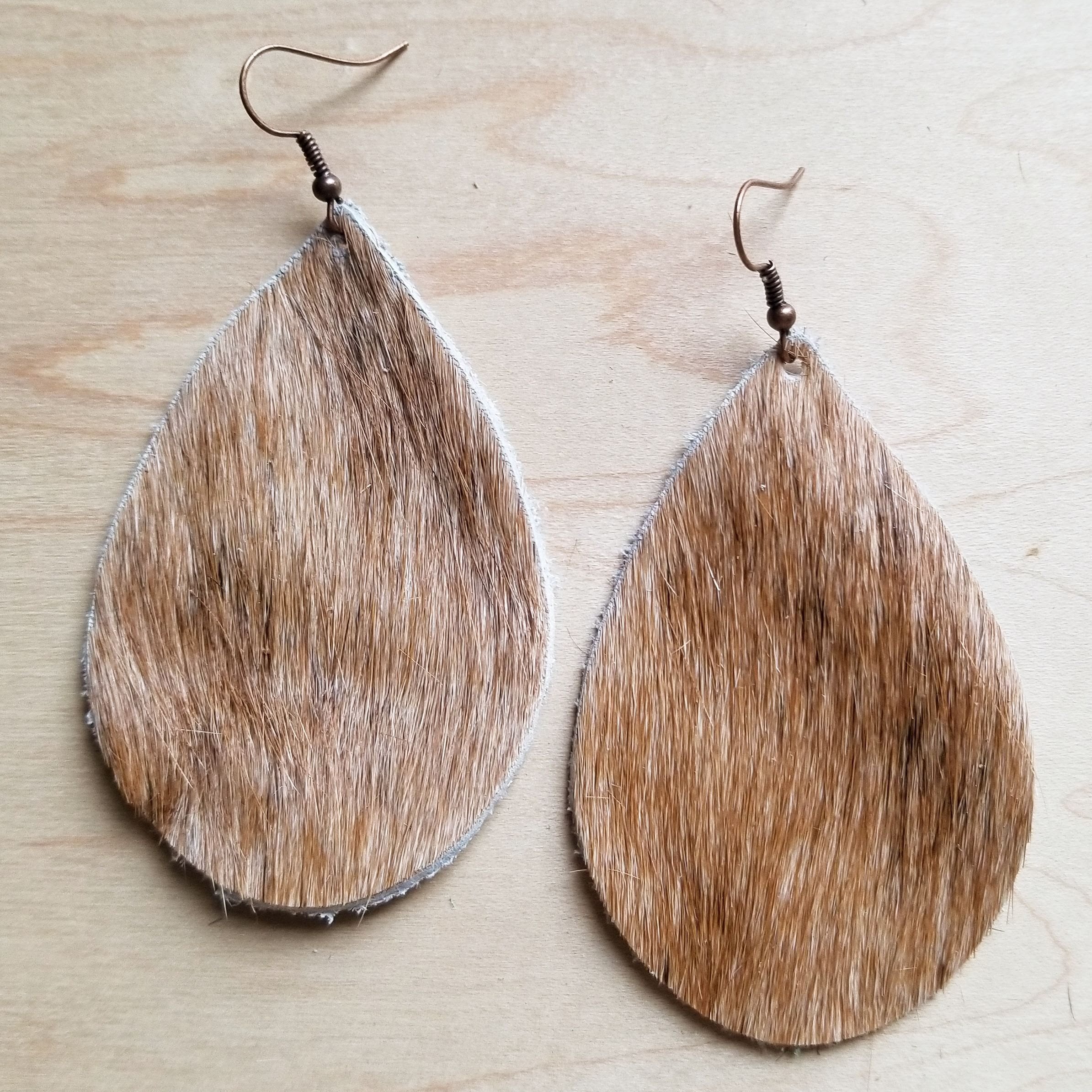 **Leather Teardrop Earrings Tan and White Hair-on-Hide 222d