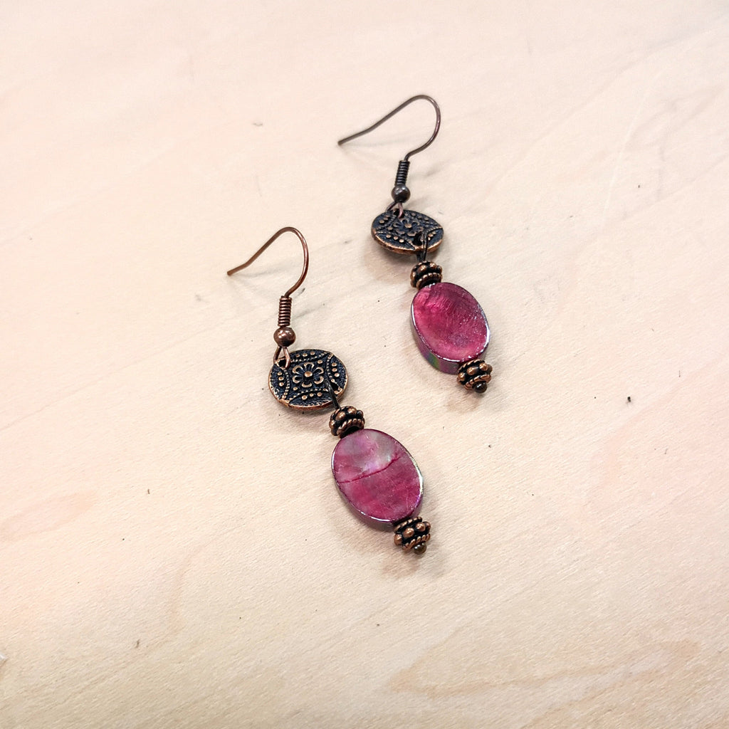**Natural Pink Jade Earrings w/ Copper Scroll Accent 225r