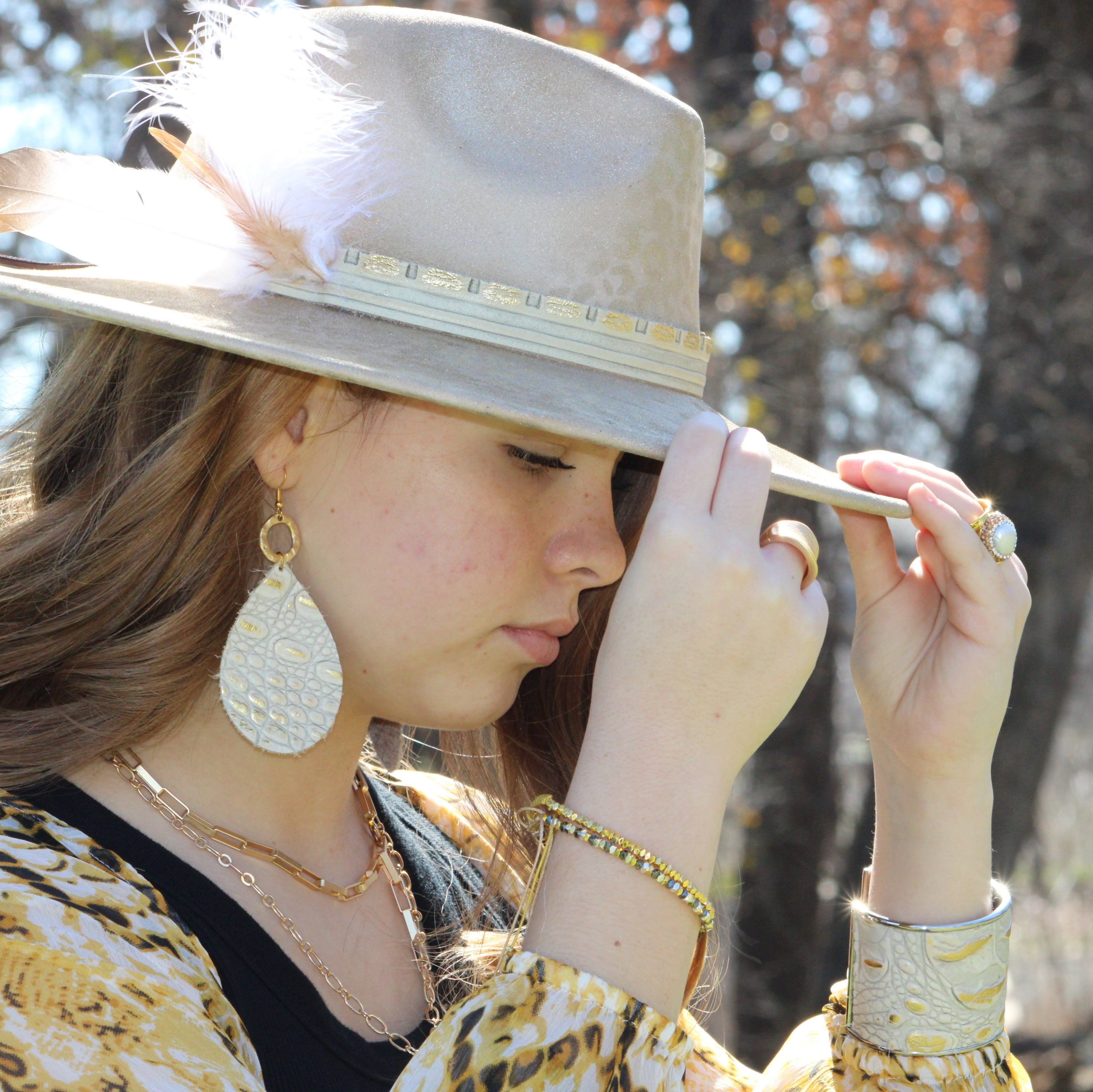 **Leather Teardrop Earrings White Gold Gator w/ Matte Gold Hoop 210w