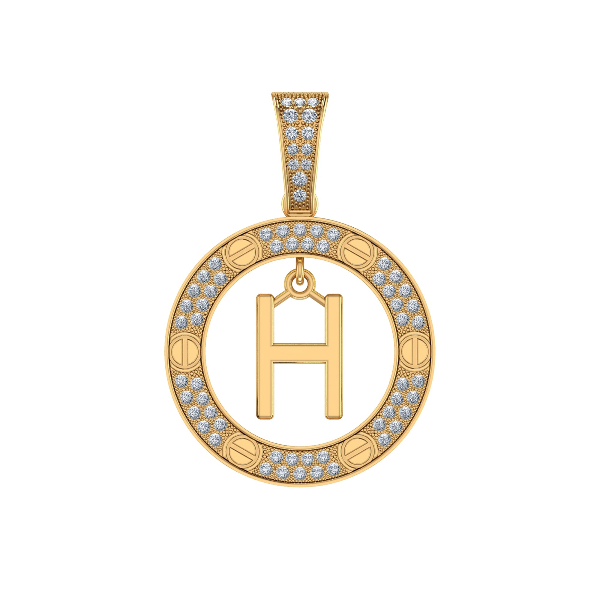 10K Yellow Gold Round Diamond H Letter Initial Pendant 1/5 Cttw