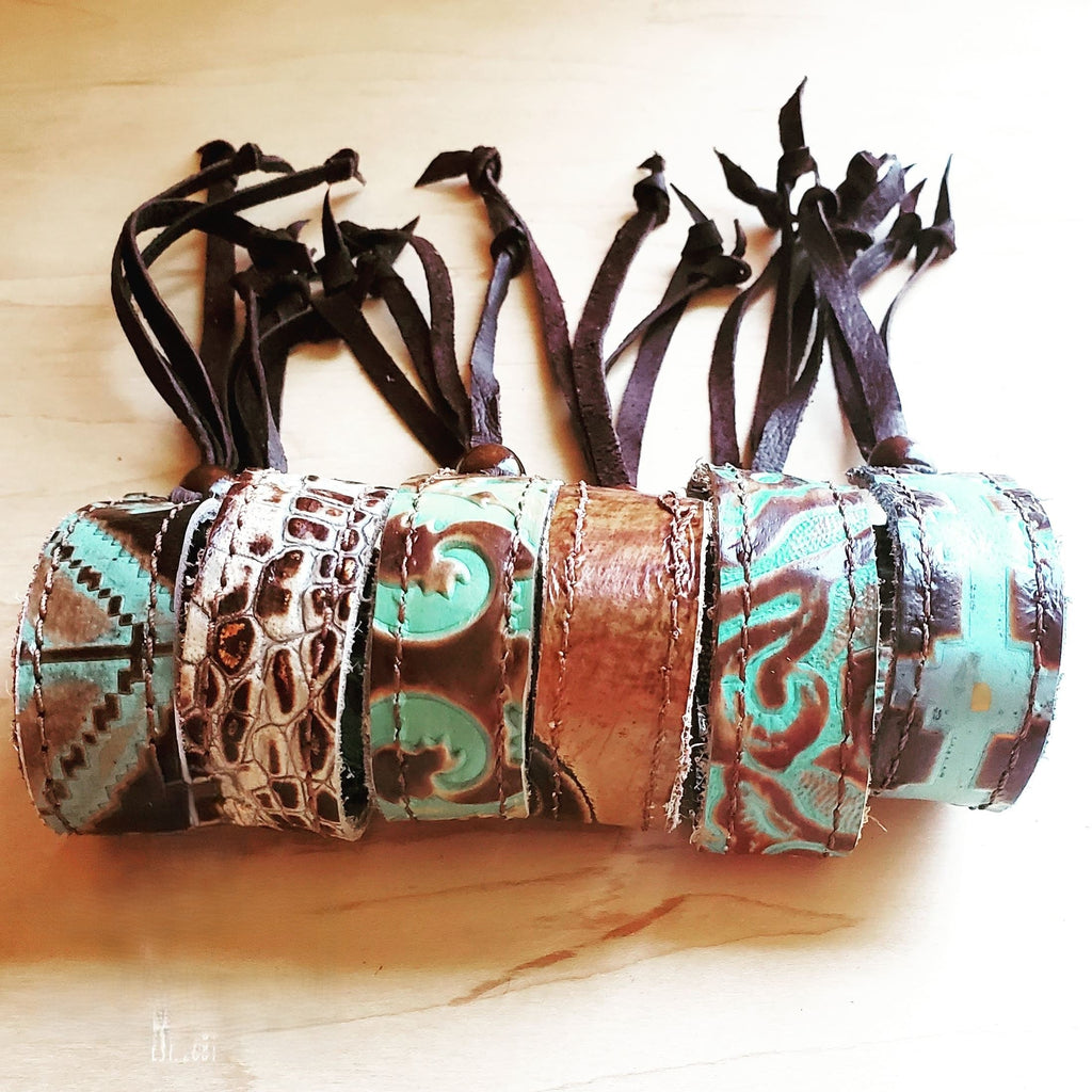 **Narrow Leather Cuff in Cowboy Turquoise w/ adjustable leather 001f