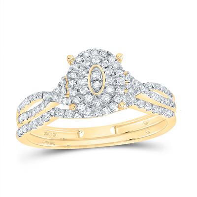 10K YELLOW GOLD 3/8CTW-NATURAL DIAMOND OVAL DOUBLE HALO BRIDAL SET RING