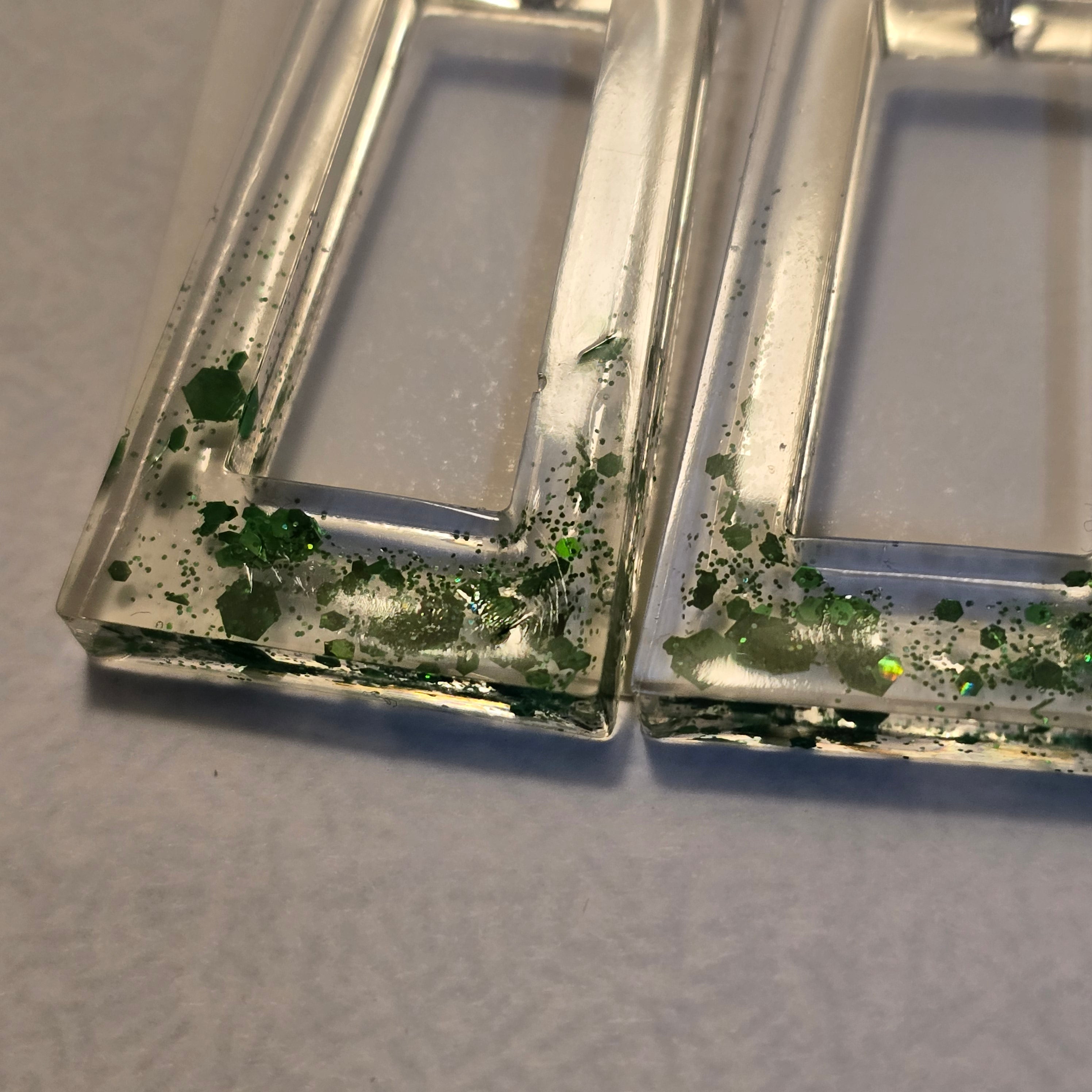 Clear Frame Resin Earrings with Emerald Green Flake Accents